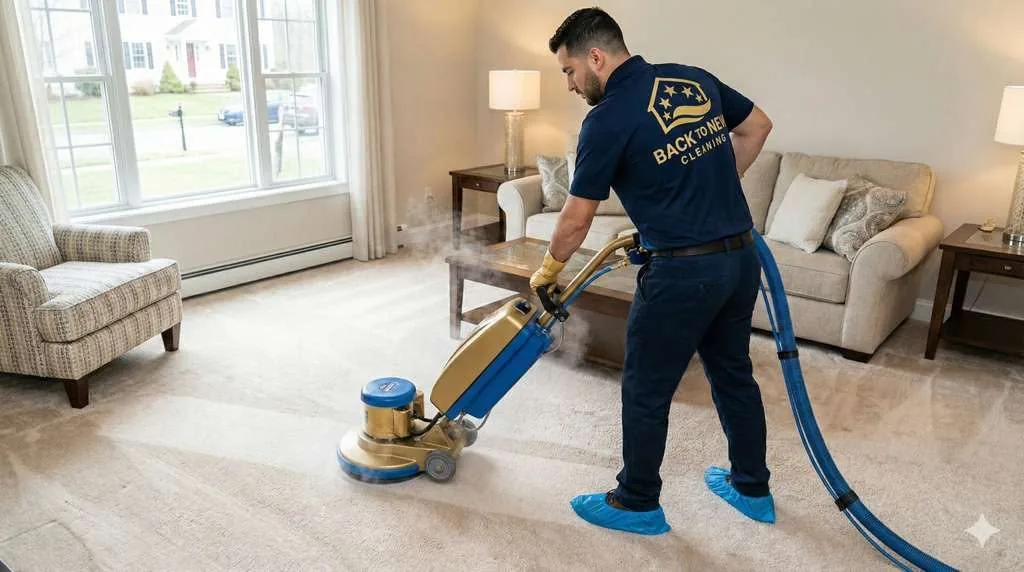 Back To New technician cleaning a living room carpet