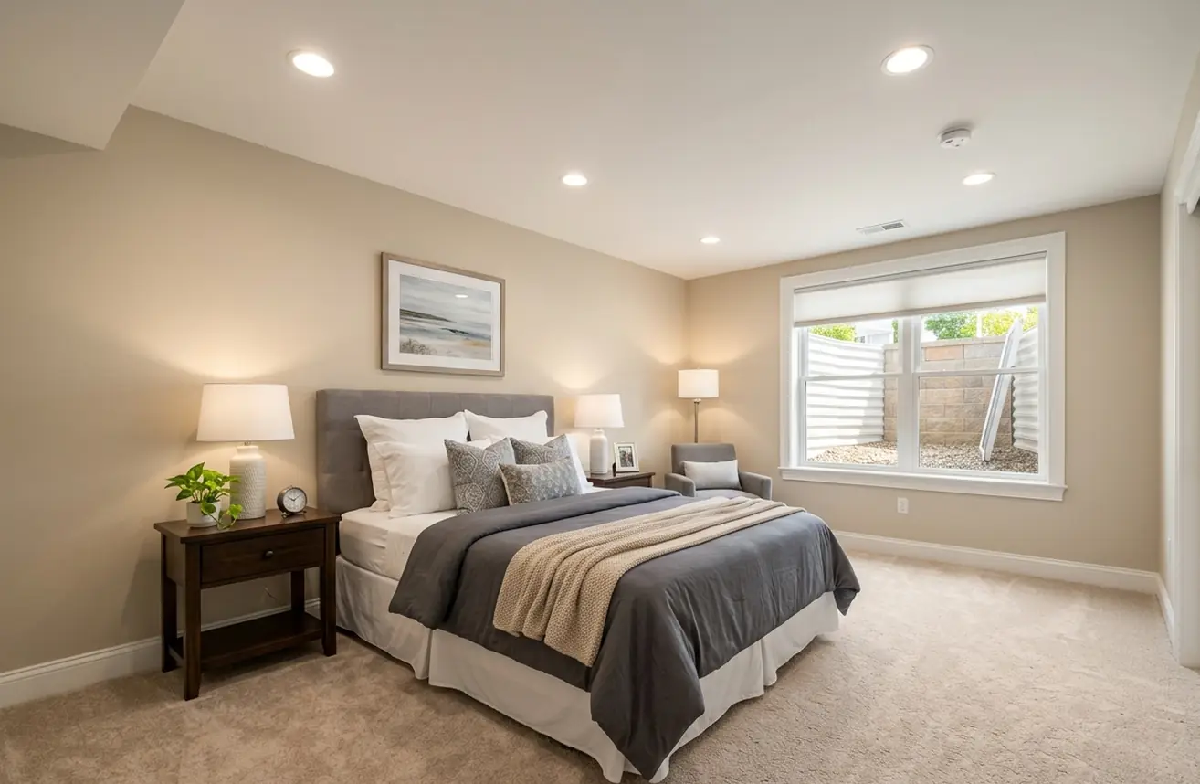 Basement guest room, queen mattress and carpet