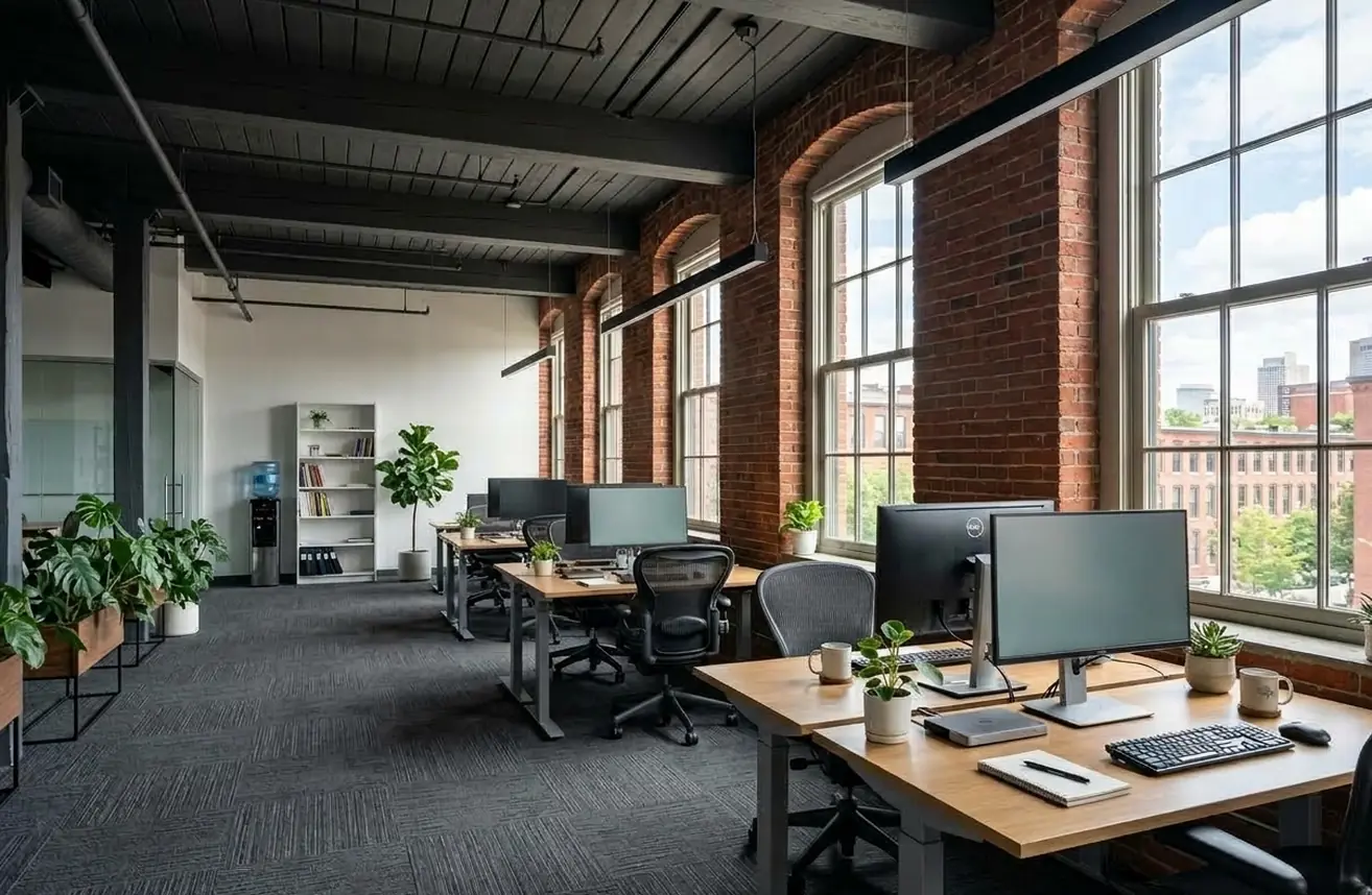 Open-plan office, commercial carpet, cleaned after hours
