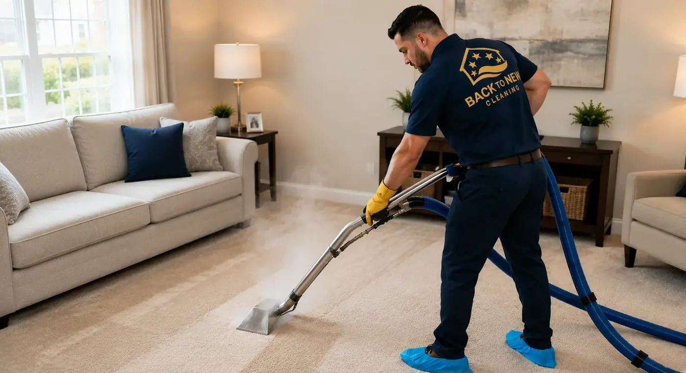 Back To New technician deep cleaning a carpet in a Quincy home