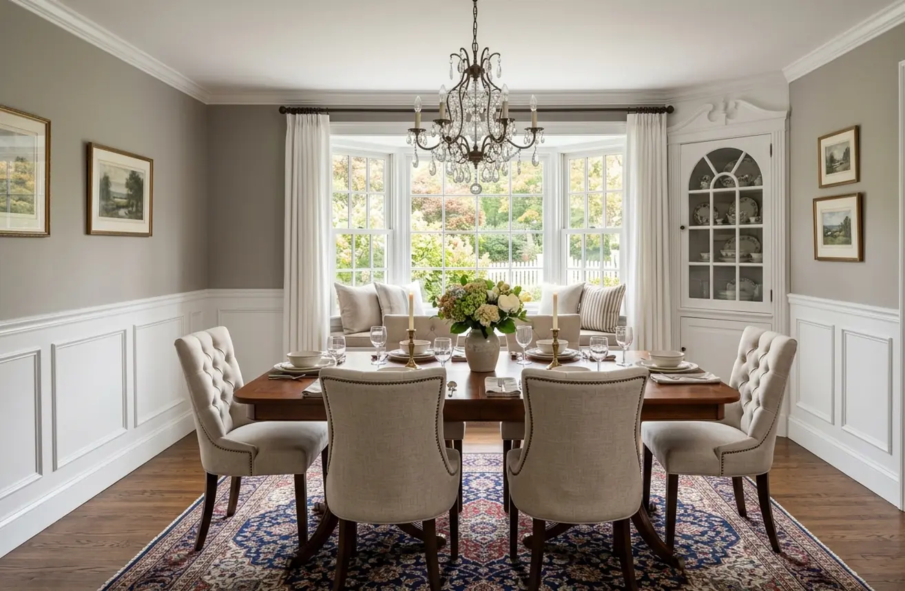 Dining room, traditional rug under the table