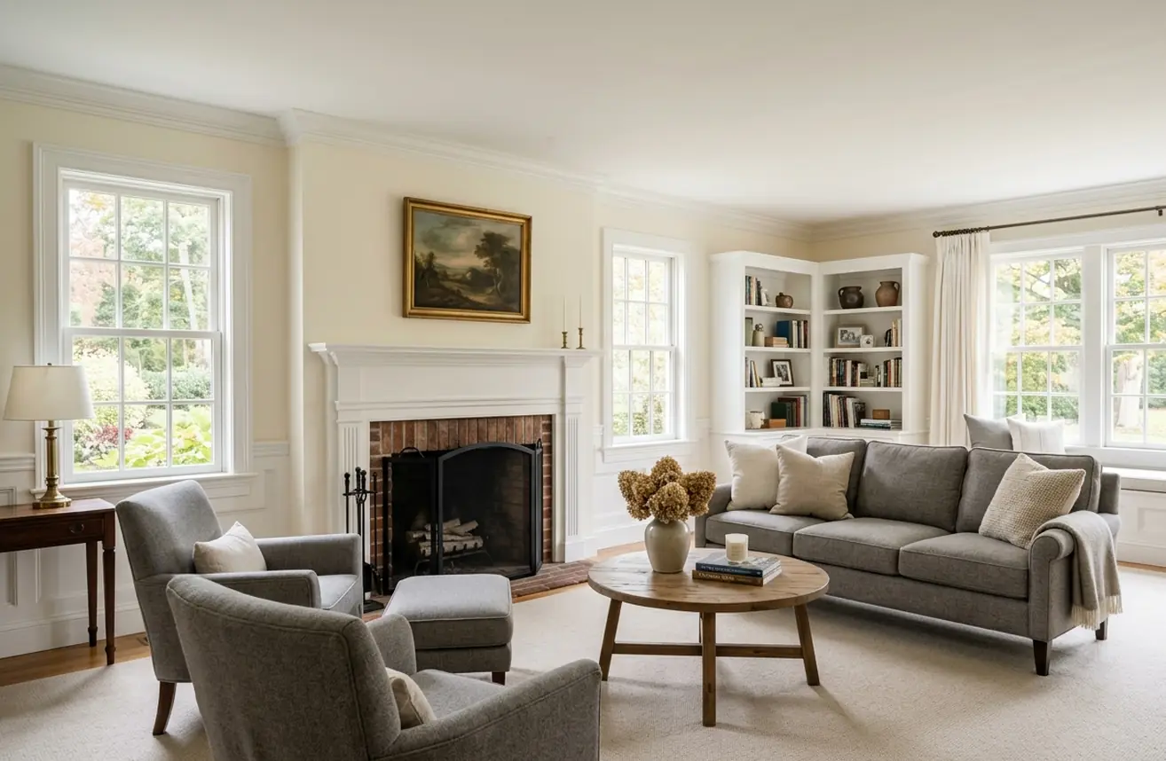 Colonial living room, carpet, sofa and armchairs