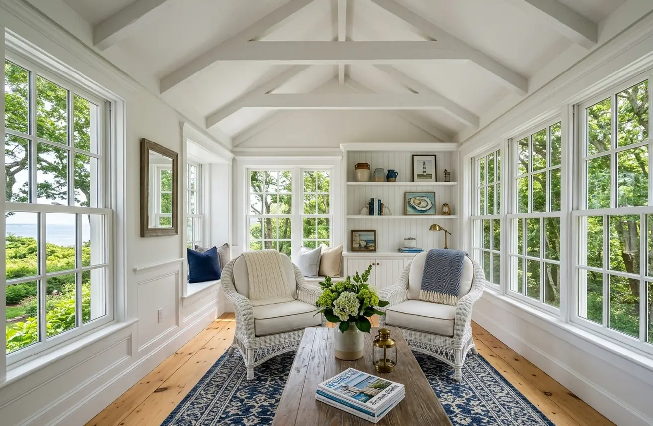 South Shore sunroom, navy and cream wool rug