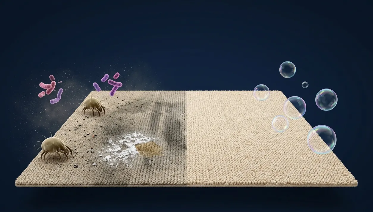 Split view of a carpet: left half with salt, grit and dust mites, right half clean and fluffy