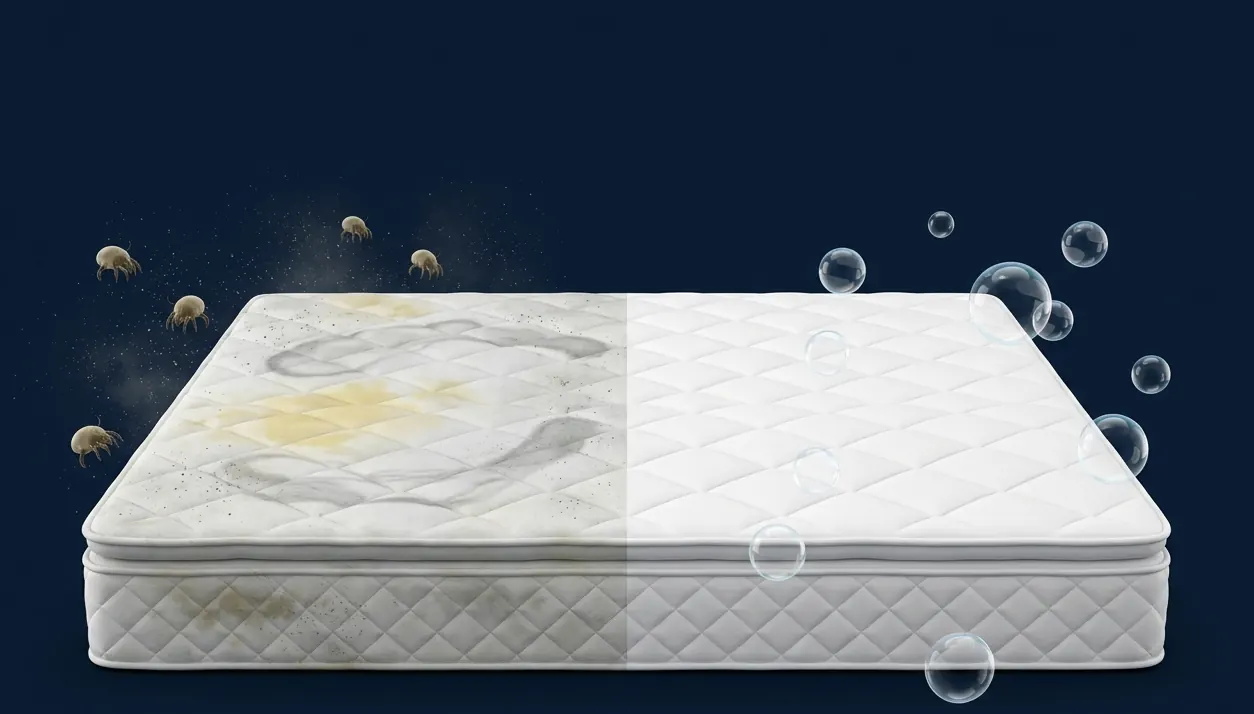 Split view of a mattress: left half with sweat stains and dust mites, right half clean and white
