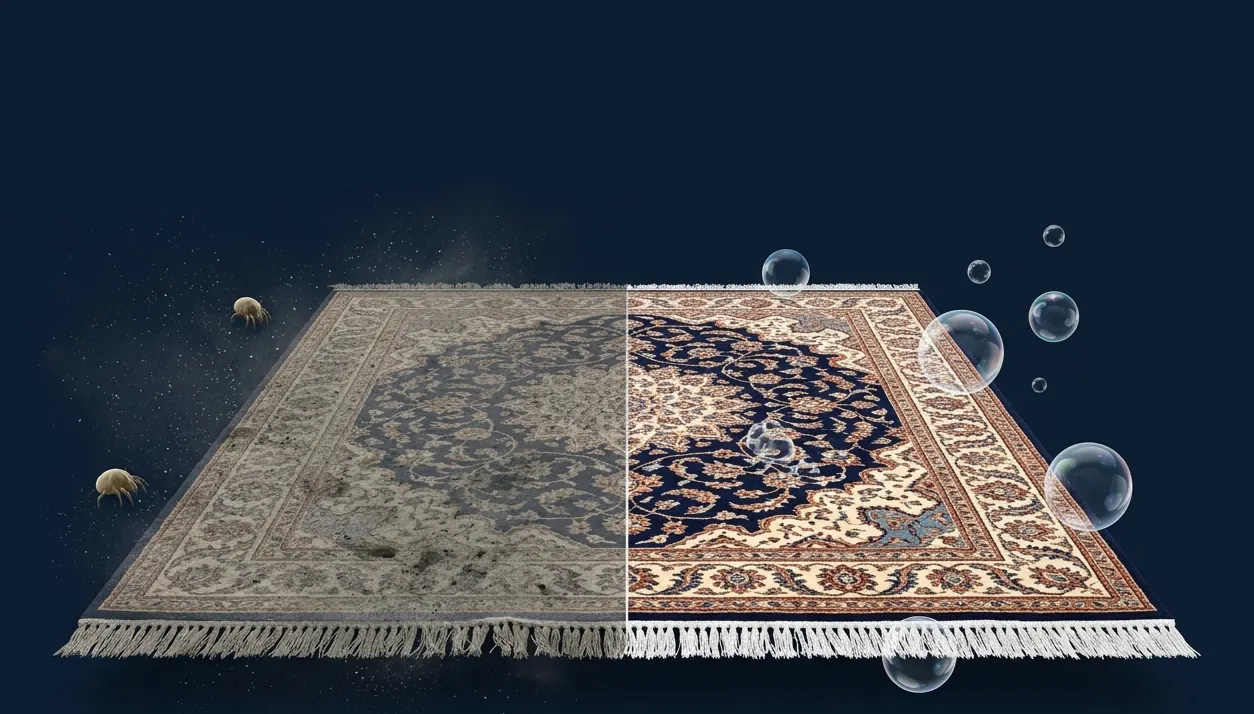 Split view of a wool area rug: left half dull and dusty, right half with vivid restored colors