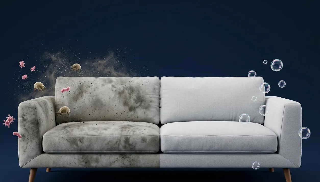 Split view of a sofa: left half with body oils and dust mites, right half clean with soap bubbles
