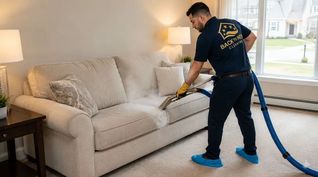 Back To New technician steam cleaning a sofa